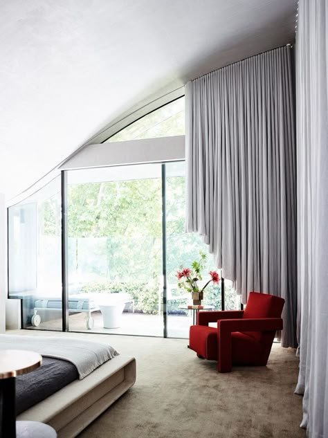 Triangle Window, Latest Decorating Trends, Pop Of Red, Stylish Curtains, Rustic Curtains, Vogue Living, Gold Kitchen, Vogue Australia, In The Bedroom