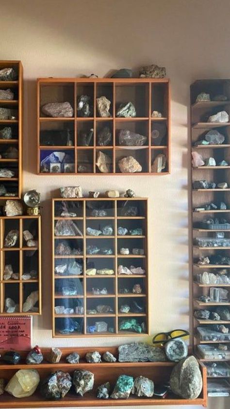 Combining Artistry and Geology: Gift Ideas for Rock Collectors and Geologists Rock And Mineral Display, Geology Themed Bedroom, Rock Display Table, Displaying Rock Collection, Crystals Collection Display, Ways To Display Crystals Rock Collection, Rock Collecting Aesthetic, Geology Home Decor, Rock Shop Displays