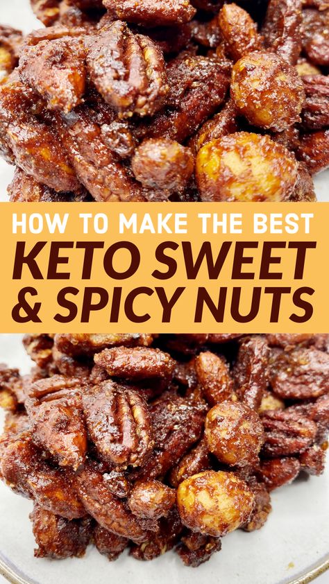 Keto Sweet & Spicy Nuts Keto Sweet Nuts Recipes, Keto Spiced Nuts Recipe, Keto Nuts List, Walnut Recipes Keto, Keto Candied Nuts Recipes, Keto Nut Recipes, Keto Nuts Recipes, Salty Keto Snacks, Spicy Nuts Recipe