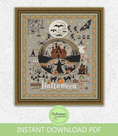 Halloween haunted house cross stitch pattern Spooky witch Pumpkin Black cat Bats embroidery Halloween primitive cross stitch chart  More primitive cross stitch patterns are available here:  https://www.etsy.com/shop/SELENMAR?ref=seller-platform-mcnav&section_id=42746382  This item is an instant DIGITAL download of a printable PDF file.  You can print it out or use it from your devices. This is not a physical item, finished project or kit.  No fabric, floss, or other materials are included. This is a pattern that shows how to make the finished project with your own hands. ✦ PATTERN SPECIFICATIONS: * Stitch count (w x h): 167w x 187h stitches * Finished size:   14 count, 30.3w x 33.9h cm 16 count, 26.5w x 29.6h cm 18 count, 23.5w x 26.3h cm 22 count, 19.2w x 21.5h cm * Fabric: Aida * Colors Cross Stitch Primitive Patterns, Halloween Cross Stitch Patterns Free, Bats Embroidery, Halloween Cross Stitch Charts, Primitive Cross Stitch Patterns, Embroidery Halloween, House Cross Stitch, Primitive Cross Stitch, Spooky Witch