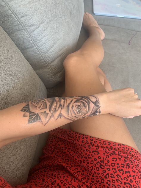 Rose Tattoo Lower Arm, Arm Roses Tattoo, Roses On Forearm Tattoo Women, Arm Tattoos For Women Roses, Last Name Tattoo For Women Arm, Rose Tattoo Arm Sleeve, Rose Upper Arm Tattoo, Tattoo Arm Cover Up, Rose Tattoo On Forearm For Women