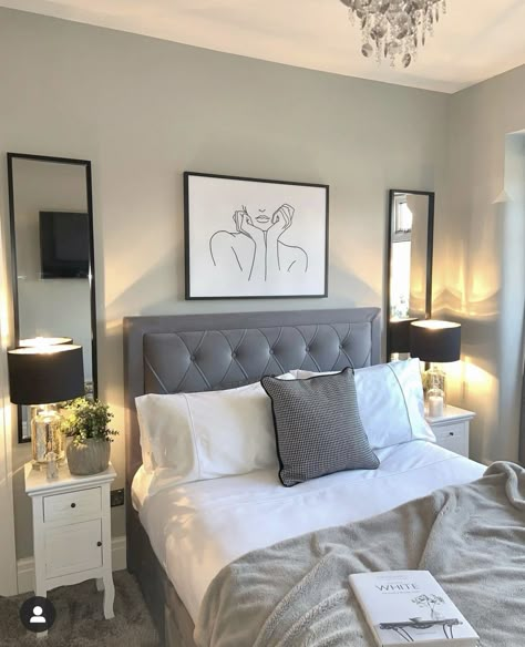 Bedroom Design With Grey Bed, Medium Size Bedroom, Bedroom With Grey Bed, Gray Bed Frame Bedroom Ideas, Bedroom Ideas Grey, Grey Headboard Bedroom, Silver Bedroom, Grey Bed Frame, Grey Bedroom Decor