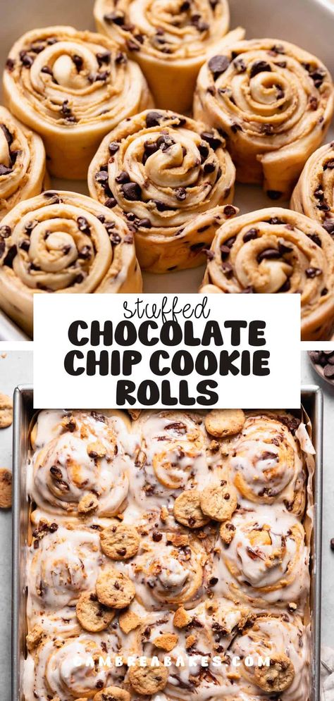 These chocolate chip cookie rolls are classic bakery-style cinnamon rolls stuffed with chocolate chip cookie dough! After baking, they're oozing with gooey chocolate and topped with a creamy vanilla bean glaze. Bakery Style Baked Goods, Chocolate Chip Rolls, Cookie Stuffed Cinnamon Rolls, Brownie Cinnamon Rolls, Cookie Cinnamon Rolls Recipe, Chocolate Chip Cookie Cinnamon Rolls, Cinnamon Roll Filling Ideas, Cookie Dough Cinnamon Rolls, Different Kinds Of Cinnamon Rolls