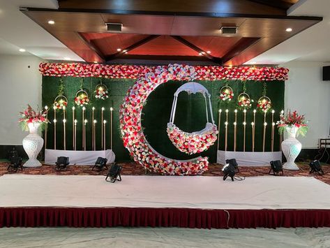 Ring Ceremony Stage Decoration, Cradle Ceremony Decorations, Stage Decoration Photos, Cradle Decoration, 21st Decorations, Naming Ceremony Decoration, Engagement Stage Decoration, Magam Work, Reception Stage Decor