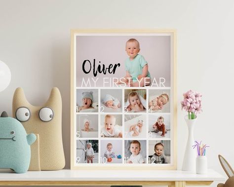 Editable First Year Photo Collage, 12 Months Photo Print, Modern First Birthday Photo Frame, Baby First Year Poster, Printable Template M004 My First Year Picture Display, 12 Month Photo Display, 12 Month Picture Display, Modern First Birthday, 12 Month Pictures, Baby Photo Collages, Diy Tableau, Baby Collage, Baby First Year