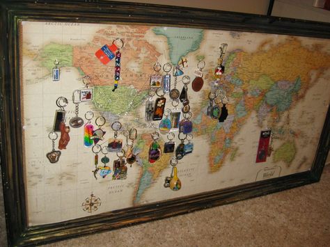 I would put it on a magnetic backing and put my magnets on it. Travel Magnets Display Ideas, Travelling Souvenirs Display, Travel Keychain Collection Display, Keychain Collection Display, Travel Map Diy Pin Boards, Push Pin Travel Map Ideas, Map Frame, Souvenir Display, Travel Map Diy