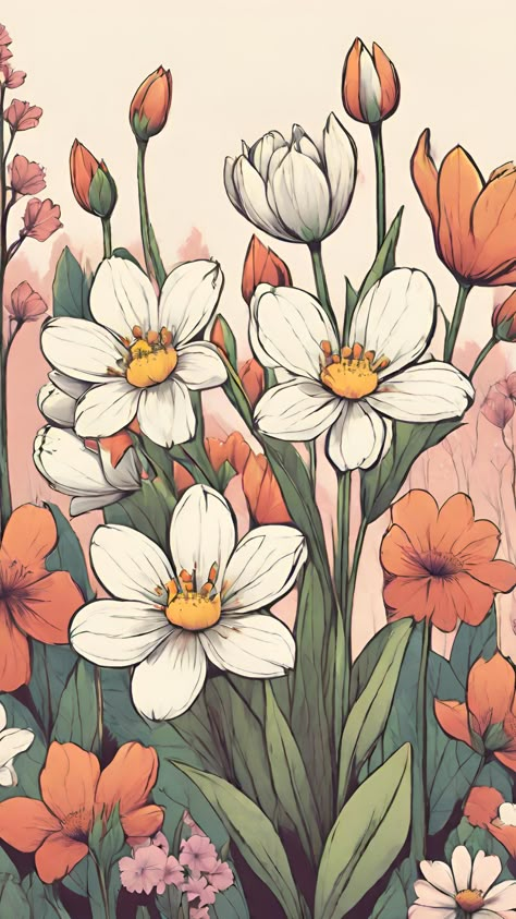 Flower Painting Illustration, Flower Wallpaper Drawing, Spring Flower Drawing, Flowers Background Wallpapers, Flower Art Aesthetic, Digital Art Flowers, Flowery Background, Carcase Iphone, Phone Wallpaper Patterns