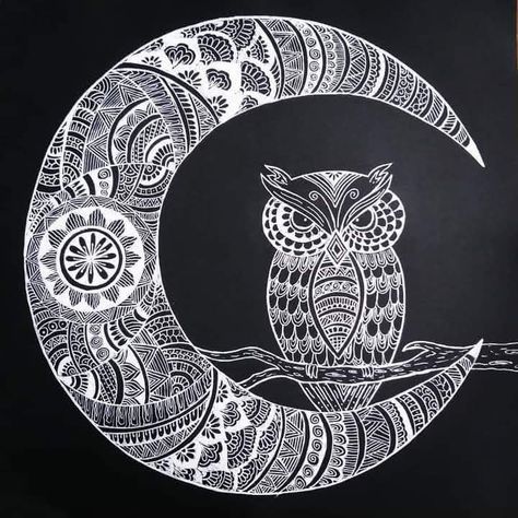 Its a mandala art of half moon and an owl sitting on a branch drawn by with whit pen on a black paper. Owl Mandala Drawing, Owl Mandala Art, Moon Mandala Art, Owl Doodle, Owl Mandala, Mandala Ideas, Indian Mythology, Moon Mandala, Book Crafts Diy