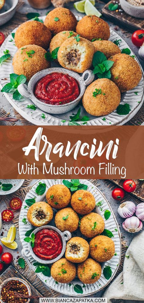 Vegan Arancini Rice Balls with Mushroom filling Vegan Arancini, Arancini Rice Balls, Vegan Mushroom Risotto, Meatballs Italian, Mushroom Filling, Gourmet Gluten Free, Arancini Recipe, Pumpkin Risotto, Gluten Free Vegetarian Recipes