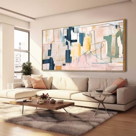 Scandinavian Wall Art Living Room, Rectangular Living Room Decor, Pink And Blue Living Room Ideas, Wall Art Over Couch, Large Artwork Living Room, Living Room Decor Blue, Art Over Couch, Room Decor Blue, Pink Pictures