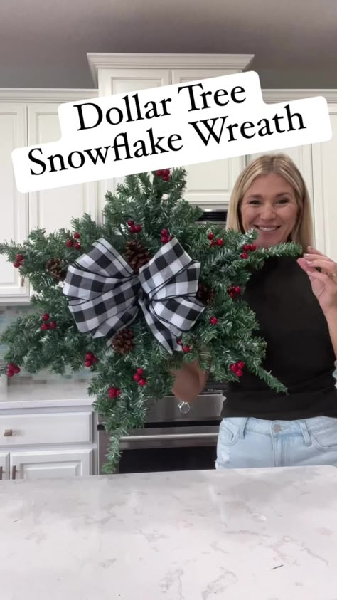 Laura Jeanne | Another Dollar Tree hack using mini Christmas trees 🎄 How pretty and simple is this snowflake wreath?!! 🥰 With the exception of the... | Instagram Dollar Tree Snowflakes Diy, Decorate Wreaths For Christmas, Pool Noodle Wreath Christmas, Diy Cabinet Wreath, Dollar Tree Garland Ideas, Indoor Christmas Wreath Ideas, Dollar Tree Diy Christmas Decorations, Christmas Door Wreaths Ideas, Diy Christmas Wreaths For Front Door Dollar Tree