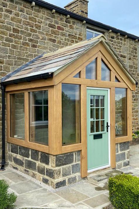 Fabulous Glazed Oak Porch Creates Space Conservatory Front Of House, Lean To Porch Ideas, Conservatory Porch, Porch Designs Uk, Oak Porches, Old Stone Cottage, Stone Cottage Homes, Small Stone Cottage, Stone Porch