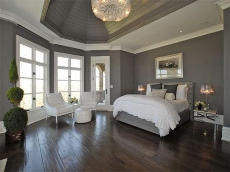 grey wall theme and grey wooden bed on dark brown wooden floor connected by  glass windows Bedroom With Gray Walls, Bedroom Paint Design, Grey Bedroom Paint, Classy Bedroom, Gray Walls, Grey Room, Grey Bedroom, Bedroom Paint Colors, Gray Bedroom