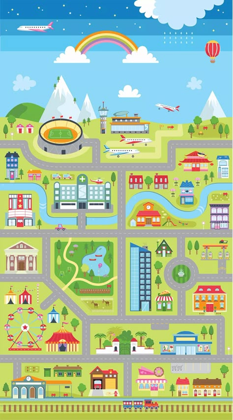 Hobon Printing: Town Play Mat | Mazes, Maps and Towns Town Drawing, Emotions Preschool, Cartoon Map, Perjalanan Kota, Breakup Picture, Map Activities, Preschool Colors, Maps For Kids, Baby Learning Activities