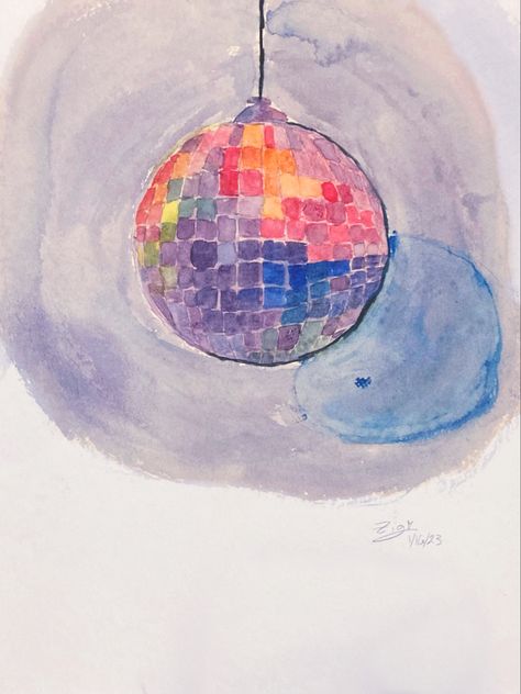 colorful watercolor painting of disco ball Disco Ball Oil Pastel, Disco Ball Chalk Art, Mirrorball Watercolor Painting, Watercolour Disco Ball, Disco Ball Watercolor Painting, Mirrorball Watercolor, Disco Watercolor, Mirror Ball Drawing, Disco Ball Sketch