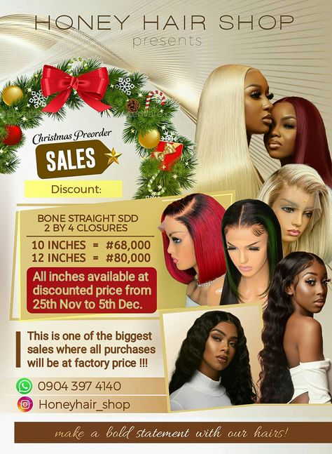 Flyer design idea for hair shop #Discount sales #Christmas #New year compliments Christmas Hair Flyer, Christmas Sales Flyer Design, Discount Flyer Design, Bone Straight Hair, Sales Flyer, Christmas Sales, Discount Design, Packaging Ideas Business, Business Flyers