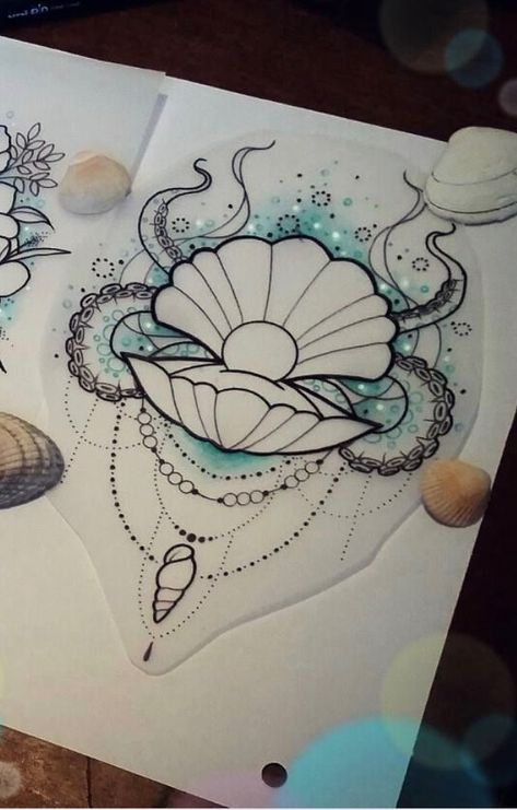 Mermaid Themed Tattoos, Ocean Neck Tattoo, Dark Disney Tattoos Ideas, Thigh Tattoos Women Ocean, Ocean Tattoos Sleeve Underwater, Seashell Tattoo Design, Deep Sea Tattoo, Clam Shell Tattoo, Ocean Themed Tattoos For Women