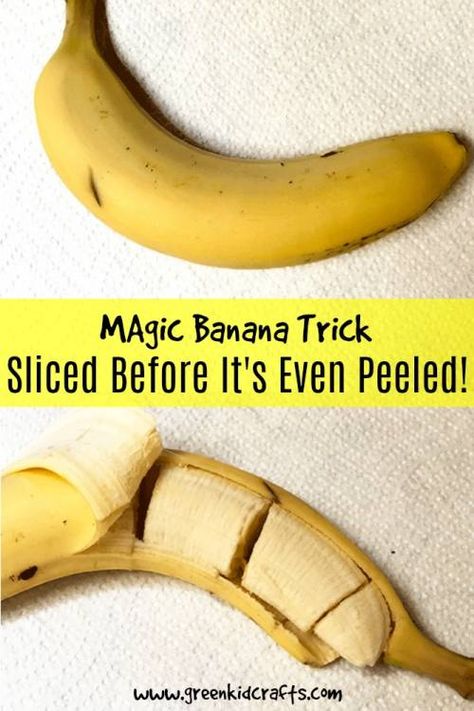 Magic banana trick. Slice a banana before it's even peeled! Great trick for kids to show family and friends! Dancing Rice Experiment, Dancing Rice, Banana Crafts, Kitchen Science Experiments, Magic Tricks For Kids, Science For Toddlers, Kitchen Science, Easy Magic Tricks, Magic For Kids