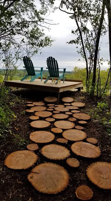 Stargazing Platform Backyard Ideas, Fire Pit Ideas Backyard Tree Stumps, Forest Landscaping Ideas Woods, Using Tree Trunks And Lovs To Create Spaces, Tree Deck Platform, Forest Deck Ideas, Wood Chip Patio, Decking Around Tree Trunk, Small Deck Around Tree