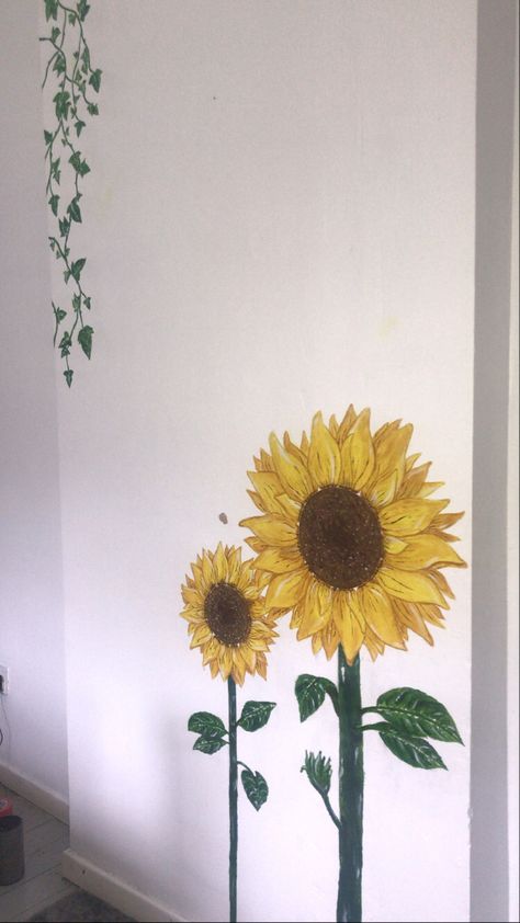 Wall Flowers, Sunflower Wall Painting Ideas, Sunflower Wall Painting, Sunflower Painting On Wall, Sunflower Murals, Sunflower Mural, Sunflower Wall Murals Painted, Sunflower Wall Mural, Wall Painting Sunflower