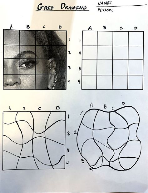 Wonky Grid Drawing, High School Drawing Projects Ideas, Grid Drawing Portrait, Intro To Drawing, High School Art Projects Lesson Plans, Art Project Ideas High School, Grid Method Drawing, Grid Drawing Ideas, Grid Drawing Worksheet