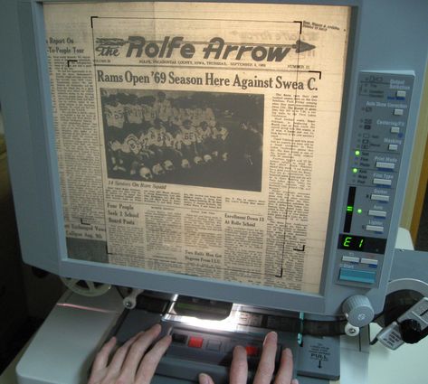 While Grand library has physical copies of a few local newspapers, archives of numerous other papers are kept in the microfilm format. This machine gets a few uses every now and then, but most stay away from it. Obsolete Technology, Grand Library, Dark Mountains, Library Skills, Fbi Special Agent, College Experience, Call Of Cthulhu, Mystery Series, In The Meantime