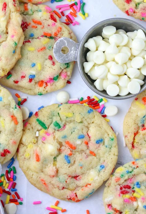 Funfetti White chocolate Chip Cookies Confetti White Chocolate Cookies, Confetti Chip Cookies, Sprinkle Chocolate Chip Cookies, White Chocolate Sprinkle Cookies, Funfetti White Chocolate Chip Cookies, Funfetti Chocolate Chip Cookies, Cookies Using White Chocolate Chips, White Chocolate Sugar Cookies, Desserts With White Chocolate Chips