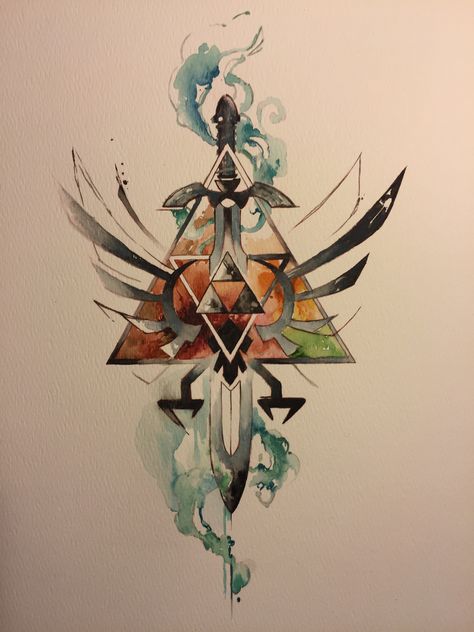 Zelda Watercolor Tattoo, Zelda Tattoo Design, Loz Tattoo, Zelda Watercolor, Zelda Painting, Legend Of Zelda Tattoo, Dnd Tattoo, Tattoo Character, Zelda Drawing