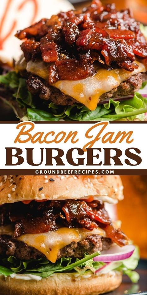 You're going to love this easy dinner idea! Loaded with bacon onion jam, these hamburgers will delight you with a new texture and flavor. You won't be disappointed in this meat main dish! Save this bacon jam burger recipe! Bacon Onion Jam Burgers, Burger With Bacon Jam, Burgers With Bacon Jam, Bacon Jam Burger Recipes, Bacon Jam Recipe For Burgers, Easy Summer Dinner Recipes Beef, Bacon Smash Burger, Bacon Jam Smash Burger, Different Hamburger Ideas