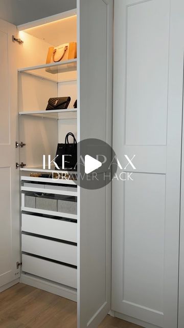 Nesrine | interior & organizing on Instagram: "Ikea Pax drawer hack 👗 link in bio (Amazon storefront)

In a Pax wardrobe with doors, it’s not possible to place a drawer at the bottom due to protruding hinges.

By replacing the hinges with refrigerator hinges, it becomes possible to install a drawer at the bottom.

The drawer at the bottom is not obstructed by the hinges and can be easily used.
The doors need to be readjusted by installing a refrigerator hinge.
To attach the new hinge, I removed the white plate and used the screws from the IKEA hinge, ensuring a secure fit.
#ikea #ikeahack #ikeapax #closettour #aesthetic #organizedhome" Small Ikea Pax Wardrobe, Pax Wardrobe Doors Ideas, Pax With Doors, Ikea Pax With Doors, Ikea Pax Drawers, Pax Wardrobe With Doors, Wardrobe Drawers Ideas, Ikea Hinge, Ikea Pax Closet Small Spaces