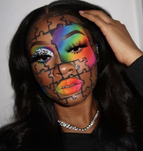 Puzzle Makeup Look, Full Face Colorful Makeup, Creative Face Paint Makeup Looks, Crazy Makeup Looks Creative Full Face, Trippy Makeup Looks, Avant Garde Makeup Creative, Extreme Makeup Looks, Unique Makeup Ideas Creative, Colorful Face Makeup