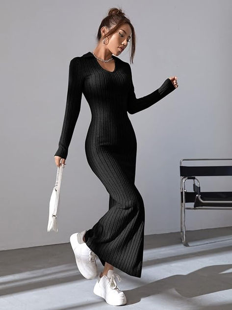 Fabric: Knitted fabric is soft and breathable for wearing, fabric has slight stretch Feature: Ribbed knit soft fabric, split thigh long dress, collar v neck, long sleeve sweater dress, solid color, slim fitted pencil dress, casual bodycon maxi dress for women fall and winter Bodycon Long Dress, Casual Knit Dress, Ribbed Knit Bodycon Dress, Midi Dress Long Sleeve, Collar Details, Going Out Dress, Long Sleeve Sheath Dress, Long Bodycon Dress, Womens Knit Dresses