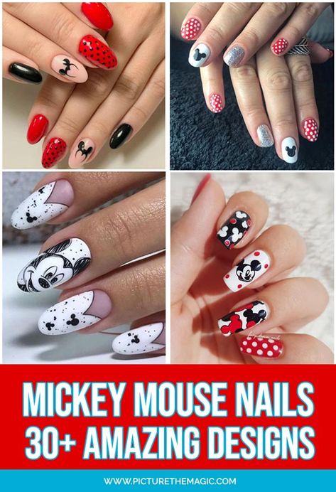 30 Amazing Mickey Mouse Nails! You'll love these magical Mickey Mouse nail designs...this is true nail art! You'll find acrylic, decals, Christmas, Halloween and many easy Mickey Mouse nails tutorials. #mickeymouse #disneynails #mickeymousenails #nails #disney #nailideas #mickey Minnie Mouse Nails Designs, Disney Gel Nail Designs Simple, Disney Inspired Nails Acrylic Simple, Almond Shaped Nails Designs Disney, Disney Sns Nails Designs, Disney Minnie Nails, Mickey Mouse Nail Art Design, Disney Nails Design Simple, Summer Disney Nails 2023