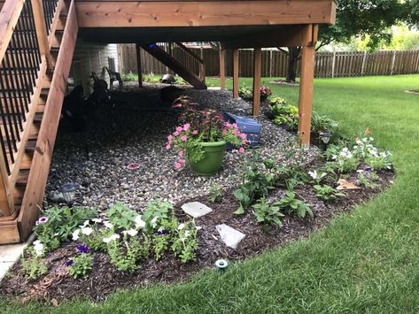 Under Deck Garden, Under The Deck Landscaping, Landscape Around Deck Backyard, Around Deck Landscaping, Landscape Ideas Around Deck, Planting Around Deck, Landscaping Around Deck Backyard, Landscape Under Deck, Landscape Around Deck