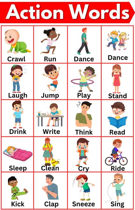 Vocabulary For Preschoolers, English Action Words, Vocabulary Words For Kindergarten, Vocabulary Words For 1st Grade, Preschool Vocabulary Words, Action Pictures For Kids, Basic English Words For Kids, Good Vocabulary Words Student, Action Words Flashcards