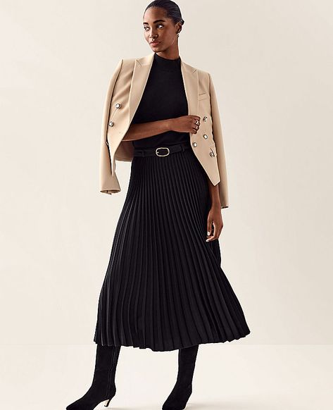 Keep it modern and easy with our belted pleated midi skirt, styled for a fully feminine spin. Belt loops. Self tie buckle belt. Hidden side zipper with hook-and-eye closure.,Hit:Hits at mid-calf,Imported:Imported,Length:34 1/4" long,Fabrication:100% Polyester,Garment Care:Machine Washable Belted Pleated Midi Skirt by Ann Taylor Size regular - 8 Black Women's Full, Skirts, 100%, Polyester, Machine, Washable Plaid Pencil Skirt, Business Casual Outfits For Women, Black Pleated Skirt, Full Skirts, Womens Business Casual, Black Midi Skirt, Work Outfits Women, Style Mistakes, Pleated Midi Skirt