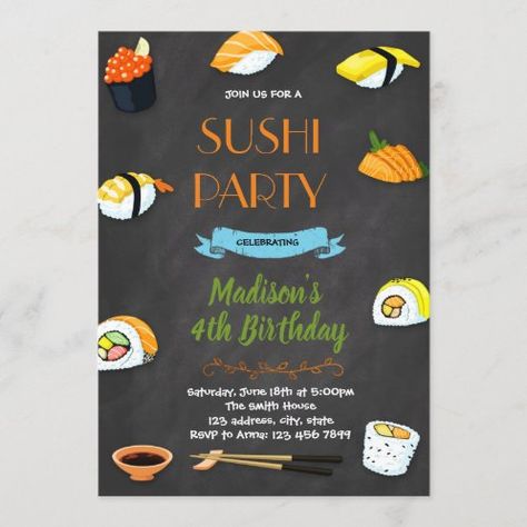 50 Birthday Invitations, Japanese Birthday Party, Sushi Birthday Party, Sushi Birthday, Japanese Birthday, Sushi Party, Birthday Party Invites, 50 Birthday, 50th Birthday Invitations