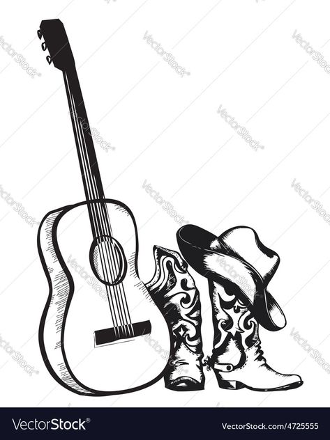 Country Music Tattoos, Cowboy Hat Drawing, Cowboy Hat Tattoo, Horse Stencil, Music Clipart, Cowboy Tattoos, Guitar Tattoo, Cowboy Shoes, Music Drawings