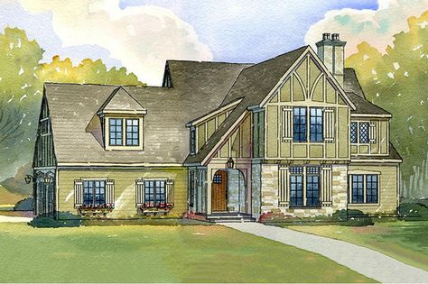 Plan #901-13 - Houseplans.com Central Fireplace, Tudor House Plans, Airy Kitchen, Tudor Style Homes, Dormer Windows, Tudor House, Energy Efficient Design, Tudor Style, Up House