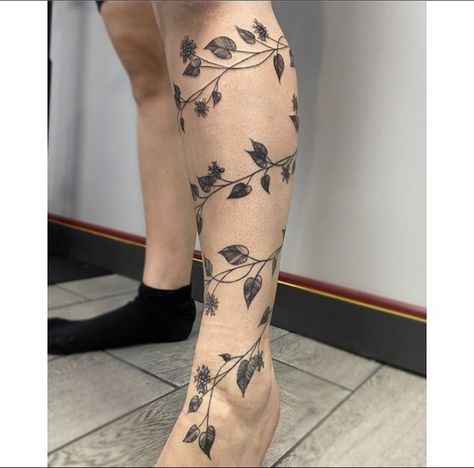 Leg Ivy Tattoo, Golden Pathos Tattoos, Leaf Vine Wrap Around Tattoo Leg, Leg Vines Tattoos, Vines Up Leg Tattoo, Ivy Wrapped Around Arm Tattoo, Ivy Tattoo Leg, Foot Vine Tattoo, Leg Tattoos Vines