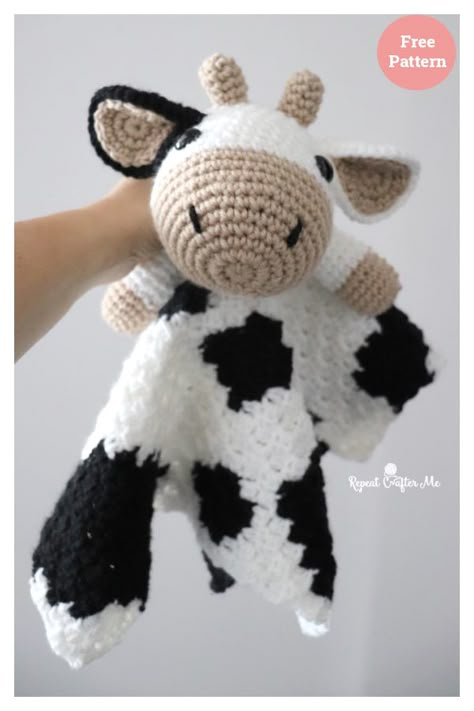 4 Hug Me Cow Lovey Free Crochet Patterns Cow Lovey Crochet Pattern, Cow Baby Blanket Crochet Pattern Free, Cow Snuggler Crochet Pattern Free, Crochet Cow Lovey Pattern Free, Cow Lovey Crochet Pattern Free, Crochet Cow Blanket Pattern Free, Cow Crochet Pattern Free, Crocheted Stuffies, Cow Lovey