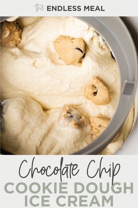 This chocolate chip cookie dough ice cream is the best! It's made with creamy, vanilla cookie-flavored ice cream, lots of tasty cookie dough pieces, and mini chocolate chips. Make it in your ice cream maker or use our no-churn method – it's an incredible treat both ways. Homemade Chocolate Chip Cookie Dough Ice Cream, Homemade Cookie Dough Ice Cream, Ice Cream Cookie Dough, Cookie Dough Ice Cream Recipe, Kitchenaid Ice Cream Maker, Chocolate Chip Cookie Dough Ice Cream, Digestive Cookies, Easy Cookie Dough, Ice Cream Recipes Machine