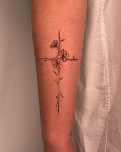 Be Still Tattoo With Flower, Cross And Flower Tattoo For Women, Cross And Flower Tattoo, Cross Tattoos With Flowers, Cross Flower Tattoo, Cross Tattoo Placement, Flower Cross Tattoo, Falling Tattoo, Floral Cross Tattoo