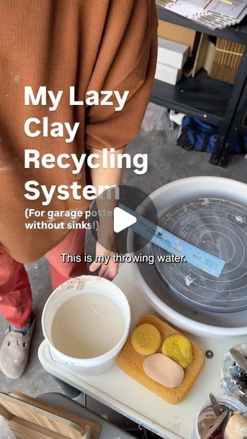 waldo pottery on Instagram: "Clay can be recycled until it is fired! Even if it’s totally dry. Here’s how I do it at home!  🚨 *disclaimer* This is my method for recycling at my home studio right now. Please don’t tell me to make a plaster slab 😇 Sharing this “lazy” set up because when I first set up my studio, I promised myself I would only buy new things or scale up if I outgrew my current system. And I haven’t yet!   Water use was a big stressor for me starting out in my garage space, so showing my “lazy way” to encourage anybody out there worried about a “perfect” recycling system to just start with what you have!  The basic principles: ▫️ use less water ▫️ you’ll need multiple buckets to keep your clay water as it separates, and a separate bucket for clean water ▫️ don’t replace your How To Make Air Dry Clay Slip, Garage Pottery Studio, Pottery At Home No Kiln, Home Pottery Studio, How To Waterproof Air Dry Clay, How To Make Air Dry Clay Waterproof, Pottery Studio Water System, Water Systems, Clean Water