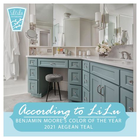 Aegean Teal Kitchen, Aegean Teal Benjamin Moore, Office Multipurpose Room, Kitchen Cabinets Benjamin Moore, Teal Vanity, Teal Kitchen Cabinets, Aegean Teal, Modern Home Office Furniture, Teal Kitchen