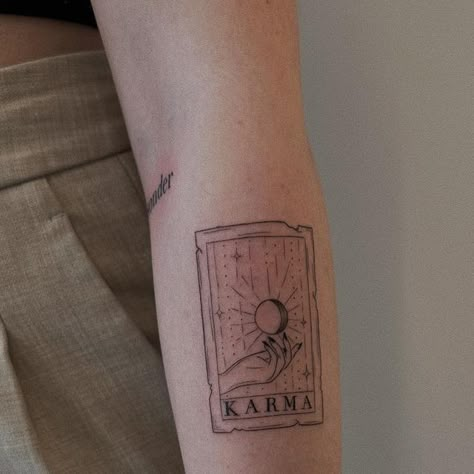 Tarot Tattoo Minimalist, Karma Tarot Card Tattoo, Tarot Card Tattoo Karma, Tiny Tarot Card Tattoo, Eras Tattoo, Tarot Card Tattoo Minimalist, Karma Tarot Card, Fine Line Tarot Tattoo, Tarot Card Tattoo Forearm