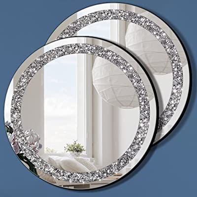 Large Round Mirror With Jeweled Frame, Round Silver Mirror Bedroom, Mirrors With Bling, Mirror With Crystals Around It, Round Jeweled Mirror, Rhine Stone Mirror, Circle Mirror Fisheye, Mirror Wall Decor Living Room Modern, Mirrors With Leather Straps