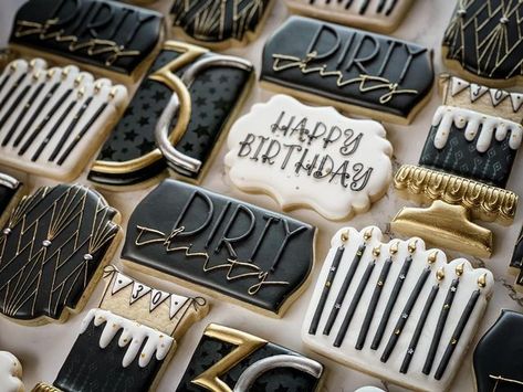 Black And Gold 30th Birthday Cookies, Hello Thirty Cookies, Black And Silver Birthday Cookies, 30 Birthday Cookies Men, Black And Gold Cookies Decorated, Thirty Birthday Cookies, Birthday Cookies Men, Black Birthday Cookies, 30th Bday Cookies