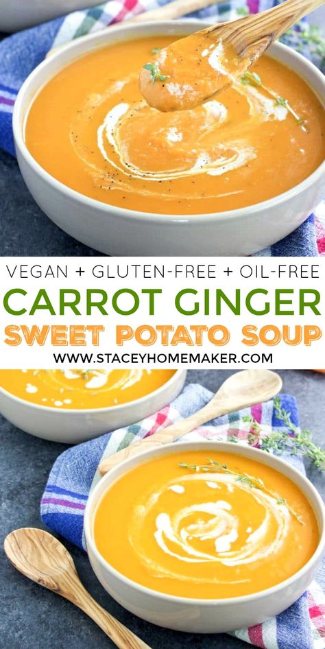 Fresh carrots, ginger, sweet potatoes, and coconut milk come together to create a rich and creamy soup that's bursting with flavor! This vegan carrot ginger soup is so vibrant that it looks like liquid gold! #VeganCarrotGingerSoup #VeganSweetPotatoSoup Sweet Potato Carrot Ginger Soup Coconut Milk, Sweet Potato Ginger Soup Coconut Milk, Thai Sweet Potato Carrot Soup, Yam Soup Recipe Coconut Milk, Coconut Ginger Carrot Soup, Vegan Pureed Soup Recipes, Sweet Potato And Ginger Soup, Gluten Free Carrot Recipes, Sweet Potato And Carrot Soup Recipes