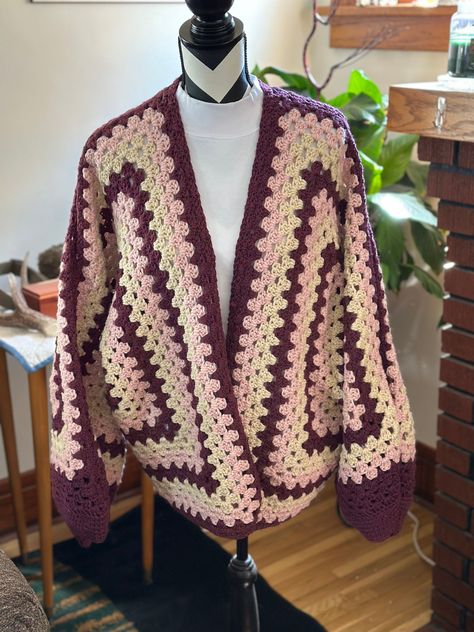 Handmade crochet hexagon cardigan in cream, pink and burgundy. Cardigans are all one size fits all and is very roomy. Grandma Activities, Fashion Definition, Crochet Loom, Hexagon Cardigan, Square Sweater, Crochet Sweater Vest, Granny Square Sweater, Crochet Pokemon, Crochet Wearables